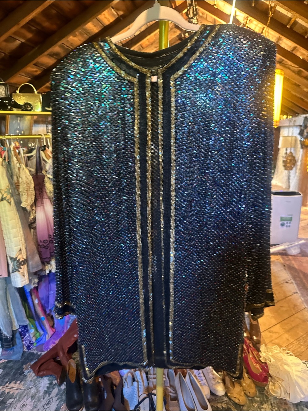 Elegant Black Sequin Jacket with Gold Trim